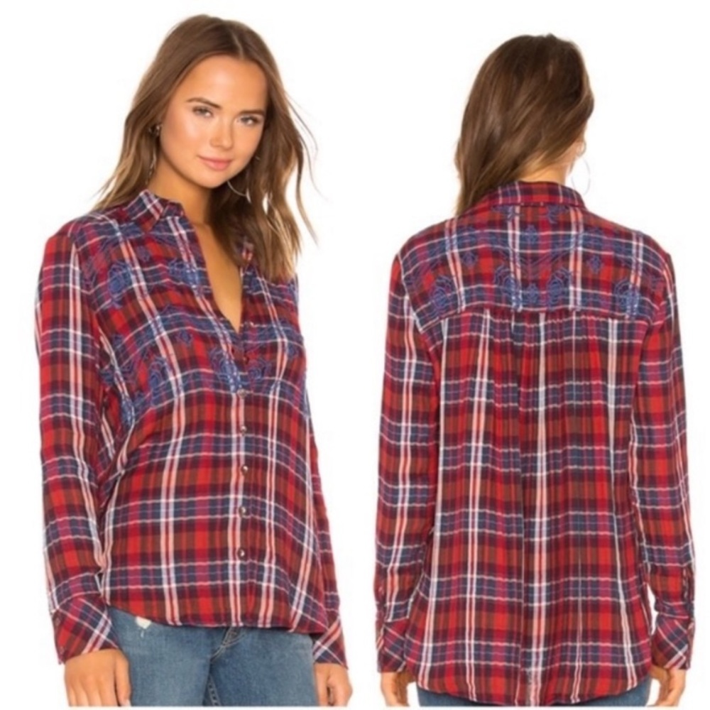 Free People Plaid Button Down Long Sleeve Shirt Size M